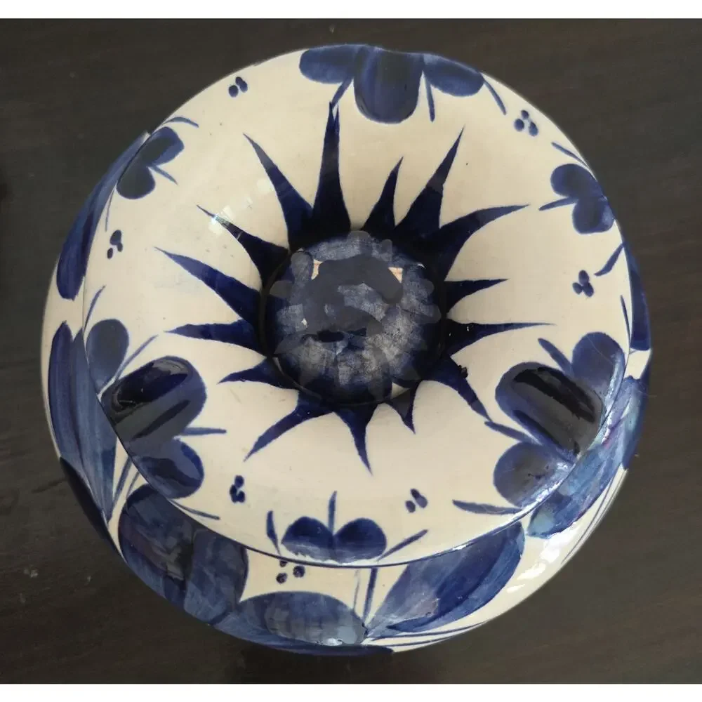 Vintage Mexican Pottery Covered Ashtray Blue White Floral Hecho En Mexico 8